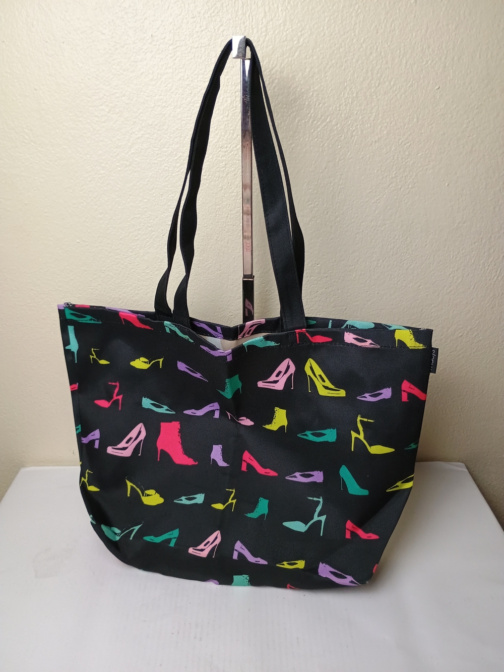 Macy's Black Tote with Neon Multicolor Shoe Print
